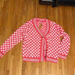 JODIFL Pink and White Checkerboard V-Neck Cardigan